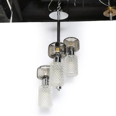 Mid Century Pressed Crystal Smoked Murano Glass Staggered 3 Arm Pendant