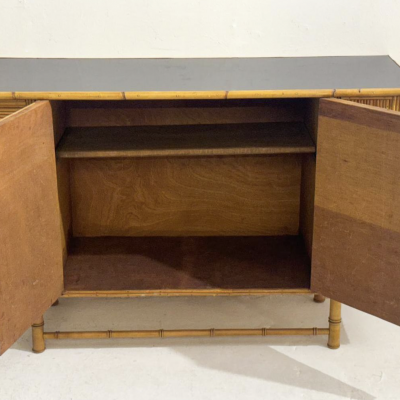 Mid Century Rattan Sideboard with Zodiac Sign Tiles in the Style of Audoux Min