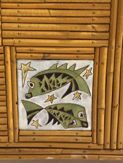 Mid Century Rattan Sideboard with Zodiac Sign Tiles in the Style of Audoux Min