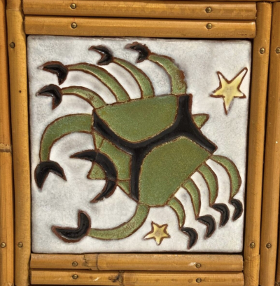 Mid Century Rattan Sideboard with Zodiac Sign Tiles in the Style of Audoux Min