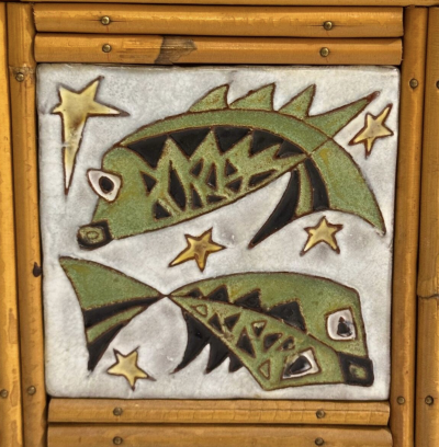 Mid Century Rattan Sideboard with Zodiac Sign Tiles in the Style of Audoux Min