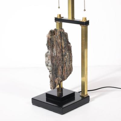 Mid Century Rectilinear Black Lacquer Brass Pyrite Specimen Table Lamp