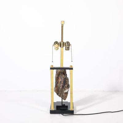 Mid Century Rectilinear Black Lacquer Brass Pyrite Specimen Table Lamp