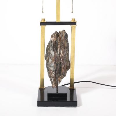 Mid Century Rectilinear Black Lacquer Brass Pyrite Specimen Table Lamp