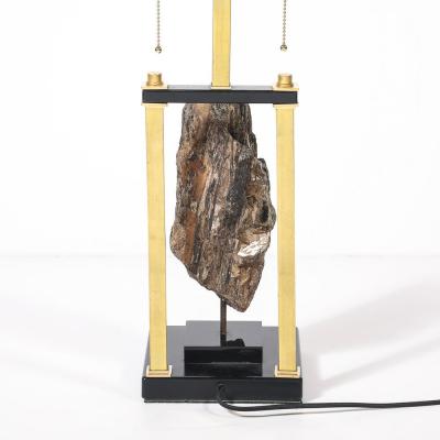 Mid Century Rectilinear Black Lacquer Brass Pyrite Specimen Table Lamp