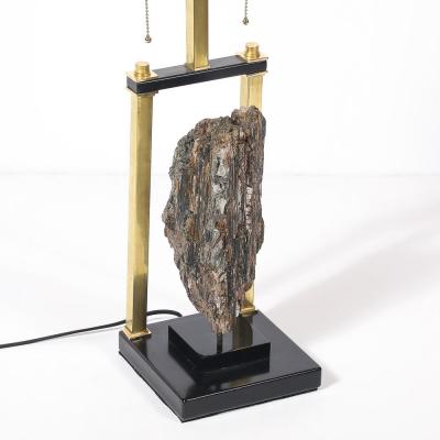 Mid Century Rectilinear Black Lacquer Brass Pyrite Specimen Table Lamp