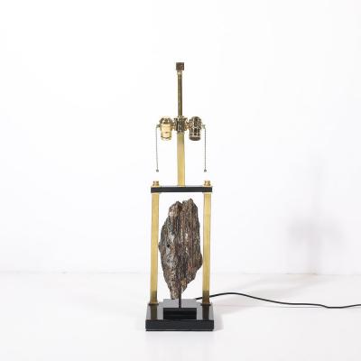 Mid Century Rectilinear Black Lacquer Brass Pyrite Specimen Table Lamp