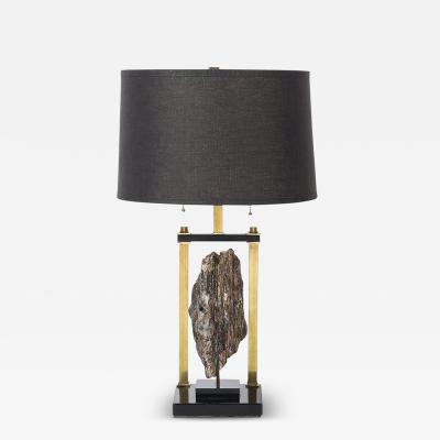 Mid Century Rectilinear Black Lacquer Brass Pyrite Specimen Table Lamp