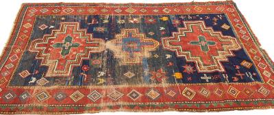 Mid Century Red Blue and Green Low Pile Wool Rug