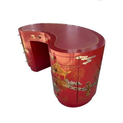 Mid Century Red Gold Chinoiserie Kidney Shaped Vanity or Desk