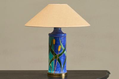 Mid Century Reed Themed Studio Pottery and Brass Table Lamp 1960s