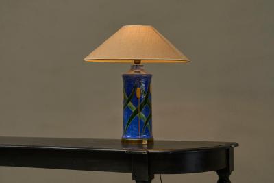 Mid Century Reed Themed Studio Pottery and Brass Table Lamp 1960s
