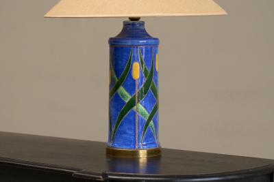 Mid Century Reed Themed Studio Pottery and Brass Table Lamp 1960s