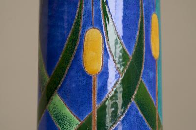 Mid Century Reed Themed Studio Pottery and Brass Table Lamp 1960s