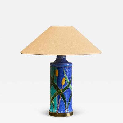 Mid Century Reed Themed Studio Pottery and Brass Table Lamp 1960s