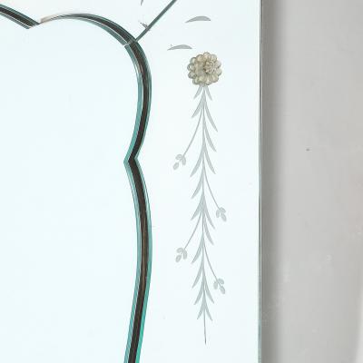 Mid Century Reverse Etched Mirror w Scalloped Inner Border Florets