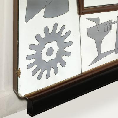Mid Century Reversed Etched Smoked Wall Mirror with Sculptural Walnut Lining