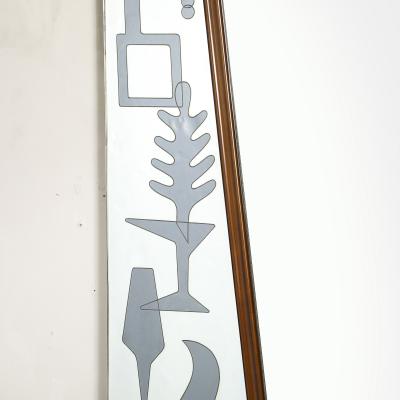 Mid Century Reversed Etched Smoked Wall Mirror with Sculptural Walnut Lining