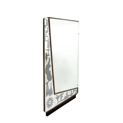Mid Century Reversed Etched Smoked Wall Mirror with Sculptural Walnut Lining