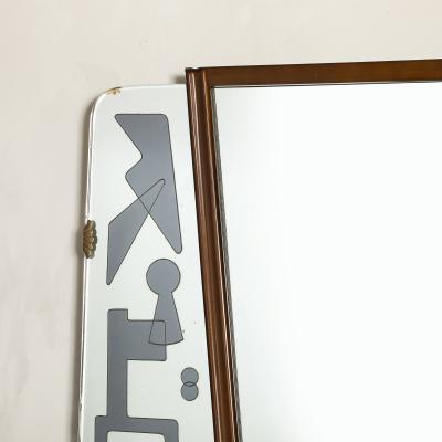Mid Century Reversed Etched Smoked Wall Mirror with Sculptural Walnut Lining
