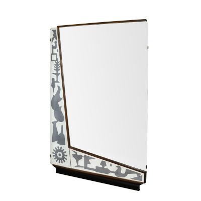 Mid Century Reversed Etched Smoked Wall Mirror with Sculptural Walnut Lining