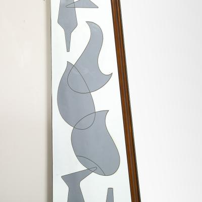 Mid Century Reversed Etched Smoked Wall Mirror with Sculptural Walnut Lining