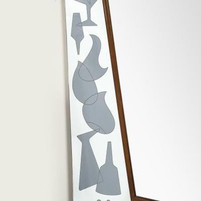 Mid Century Reversed Etched Smoked Wall Mirror with Sculptural Walnut Lining