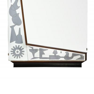 Mid Century Reversed Etched Smoked Wall Mirror with Sculptural Walnut Lining