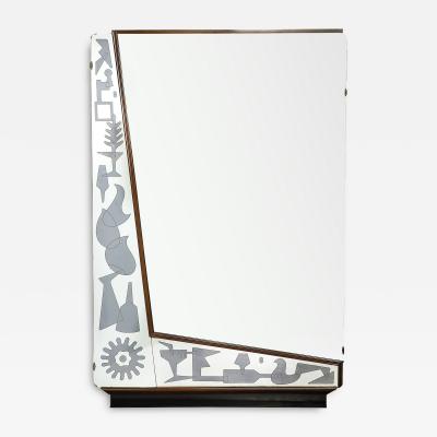 Mid Century Reversed Etched Smoked Wall Mirror with Sculptural Walnut Lining
