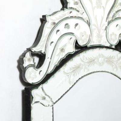 Mid Century Reversed Etched Venetian Glass Mirror with Chain Beveled Detailing