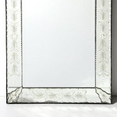 Mid Century Reversed Etched Venetian Glass Mirror with Chain Beveled Detailing