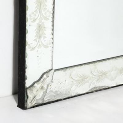 Mid Century Reversed Etched Venetian Glass Mirror with Chain Beveled Detailing