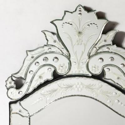 Mid Century Reversed Etched Venetian Glass Mirror with Chain Beveled Detailing
