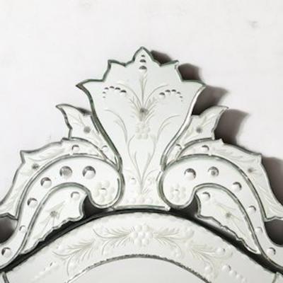 Mid Century Reversed Etched Venetian Glass Mirror with Chain Beveled Detailing