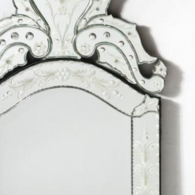 Mid Century Reversed Etched Venetian Glass Mirror with Chain Beveled Detailing