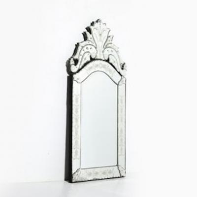 Mid Century Reversed Etched Venetian Glass Mirror with Chain Beveled Detailing