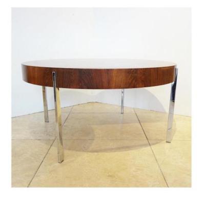 Mid Century Round Cocktail Table in Walnut and Chrome France Circa 1965