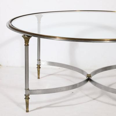 Mid Century Round Glass Brass Steel Cocktail Table Manner of Maison Jansen