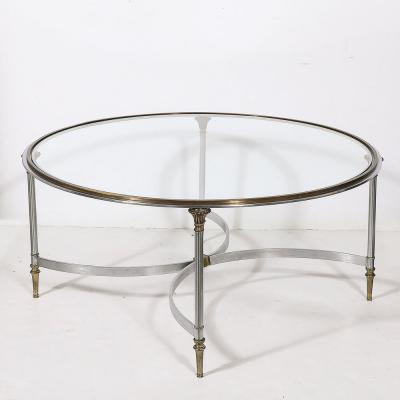 Mid Century Round Glass Brass Steel Cocktail Table Manner of Maison Jansen