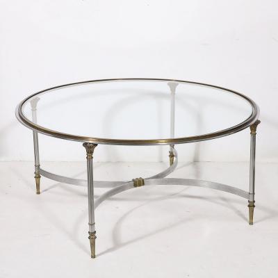 Mid Century Round Glass Brass Steel Cocktail Table Manner of Maison Jansen