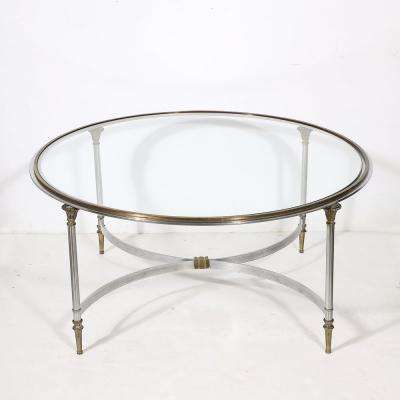 Mid Century Round Glass Brass Steel Cocktail Table Manner of Maison Jansen