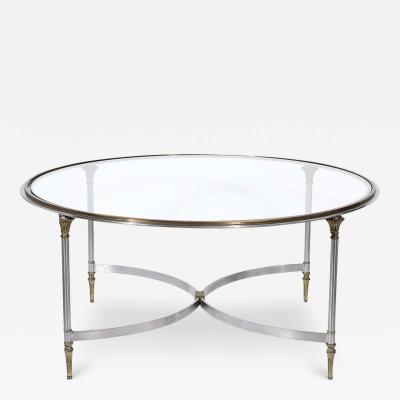 Mid Century Round Glass Brass Steel Cocktail Table Manner of Maison Jansen
