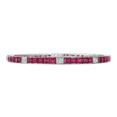 Mid Century Ruby and Diamond Line Bracelet