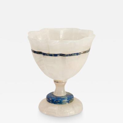 Mid Century Scalloped White Onyx and Lapis Bowl with Footed Base