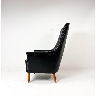Mid Century Scandinavian Modern Black Leather High Back Lounge Chair