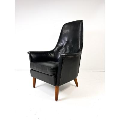 Mid Century Scandinavian Modern Black Leather High Back Lounge Chair