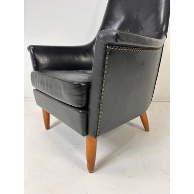 Mid Century Scandinavian Modern Black Leather High Back Lounge Chair
