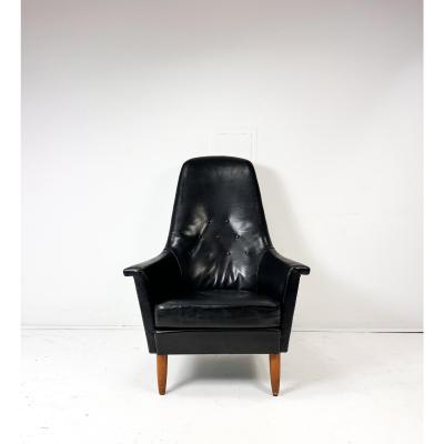 Mid Century Scandinavian Modern Black Leather High Back Lounge Chair