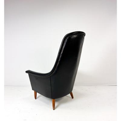 Mid Century Scandinavian Modern Black Leather High Back Lounge Chair