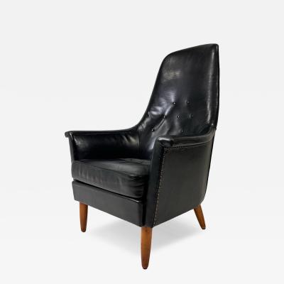 Mid Century Scandinavian Modern Black Leather High Back Lounge Chair